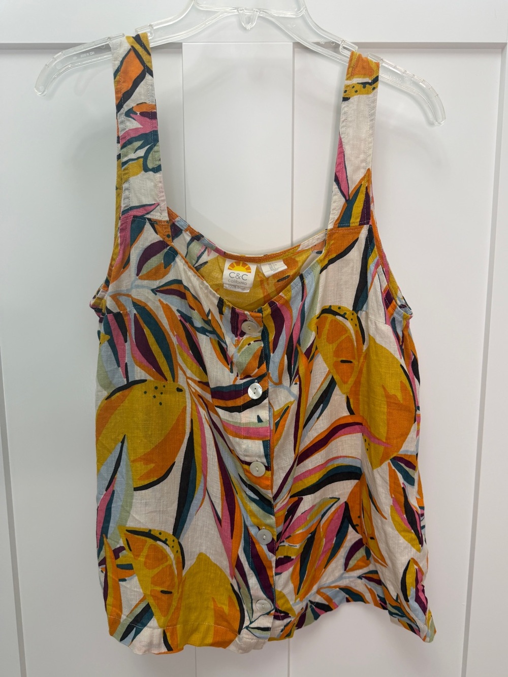 C&C California Yellow Multicolor Button-Front Floral Tank